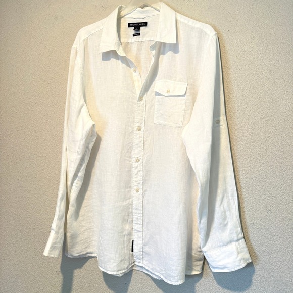 Michael Kors Tops - Michael Kors White Linen Tailored Fit Roll Tab Button Down Shirt XL Mens